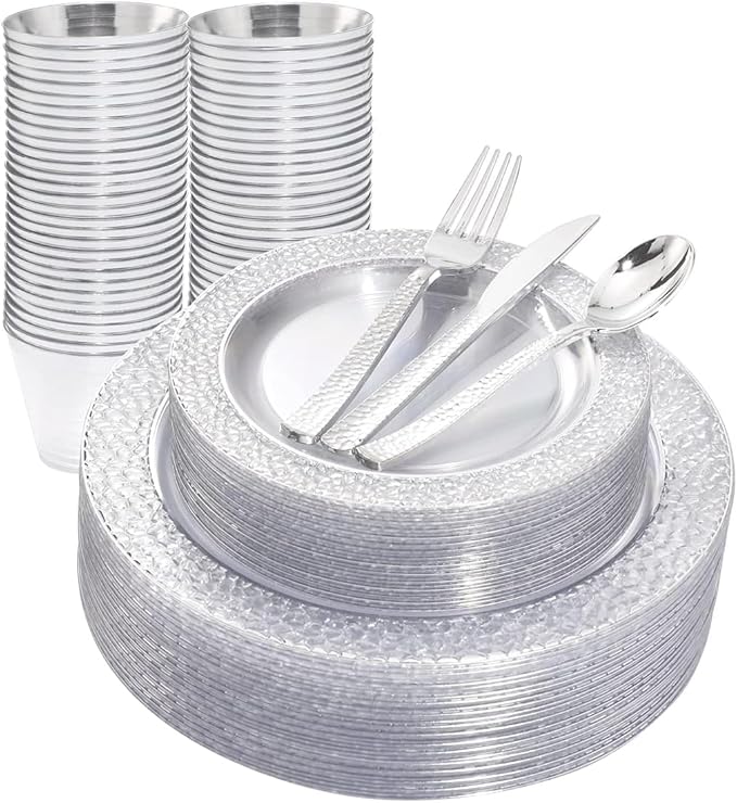 Ciaell 150PCS Clear Silver Plastic Plates - Silver Disposable Plates include 25Dinner Plate, 25Dessert Plate, 25Forks, 25Knives, 25Spoons, 25Cups for Weddings & Parties