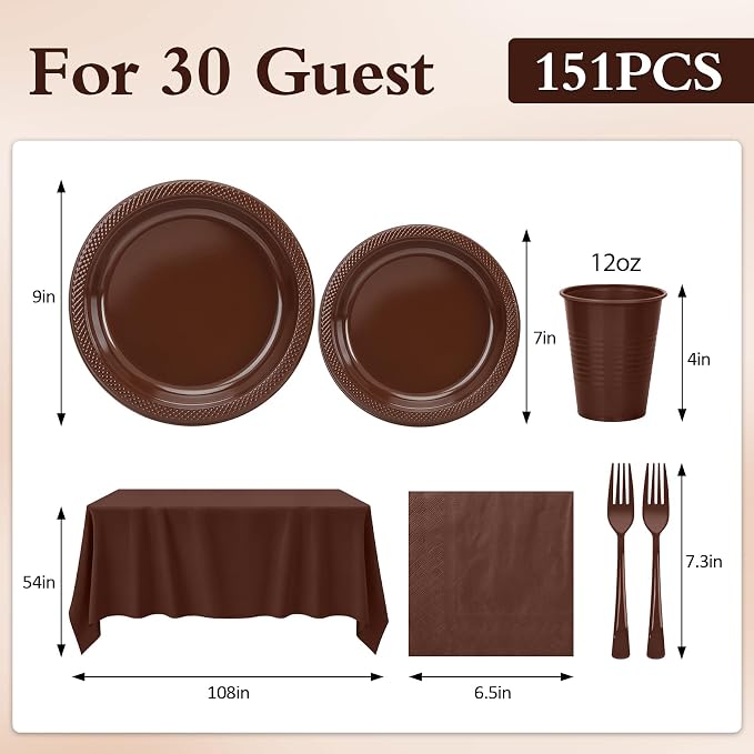 Brown Plastic Plates for Party,30 Guest Disposable Brown Party Supplies Including Dinner&Dessert Plate,12oz Cups,Cutlery,Napkins & Tablecloth Dinnerware Decorations for Birthday Wedding