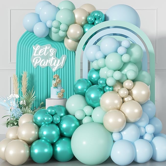 Teal Balloon Arch, Double Stuffed Chrome Teal Macaron Blue Green Balloon Garland, Pearl White Sand Metallic Turquoise Mint Green Balloons for Birthday Under The Sea Ocean Shark Beach Theme Party Decor