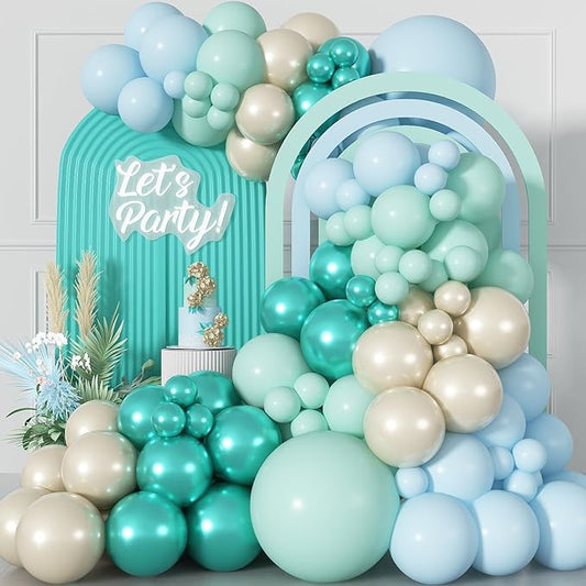 Teal Balloon Arch, Double Stuffed Chrome Teal Macaron Blue Green Balloon Garland, Pearl White Sand Metallic Turquoise Mint Green Balloons for Birthday Under The Sea Ocean Shark Beach Theme Party Decor