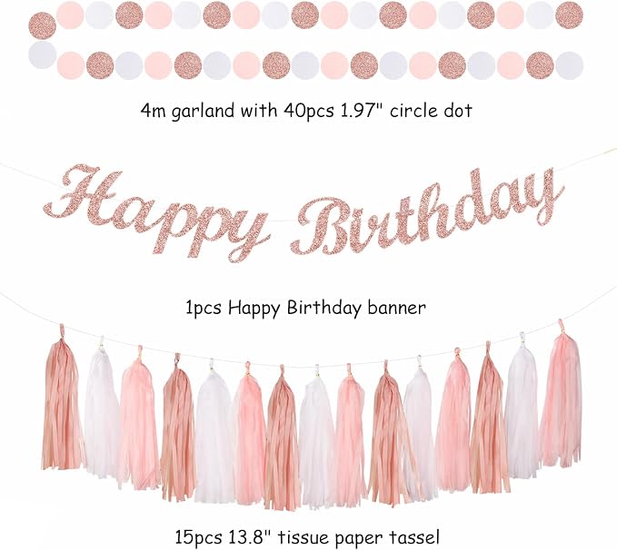 Rose-Gold Pink-White Happy Birthday Party-Decorations - 31pcs Sweet First 16 18th 21st Women Girls Paper Lanterns Streamers Banner,Tissue Pom Poms Decor,Flower Fans Tassels Graland Supplies Hugmoon