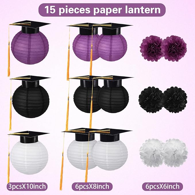Gilprop 15 Pcs Black and Purple Graduation Decoration 2026 Paper Lanterns Graduation Party Decorations Hanging Round Paper Lanterns with Black Grad Hat Tassel for Congratulation Grad Decorations