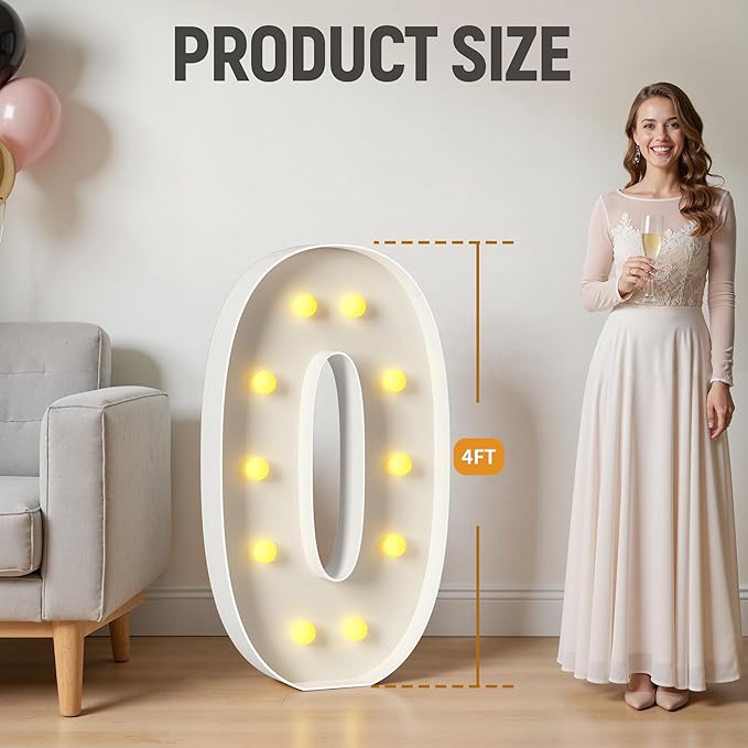 4FT Light Up Numbers, Large Marquee Numbers 0 for 10th 30th Birthday Decorations for Boy Girl, Giant Light Up Numbers for Party Anniversary, Marquee Letters Pre-Cut Mosaic Numbers for Balloons