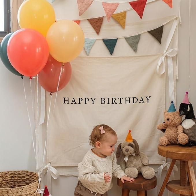 Oudain 40x40 Inch Happy Birthday Burlap Banner, Fabric Party Decorations Backdrop, Boho Rustic Photo Props Sign with Hanging String for Birthday Party Indoor Outdoor Yard Wall Decor