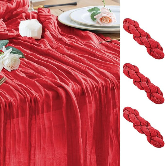 Wokceer Cheesecloth Table Runner 3Pack 10FT Red Boho Gauze Christmas Cheese Cloth Table Runner for Party Easter Rustic Sheer Table Runners for Baby Bridal Shower Wedding Table Decor
