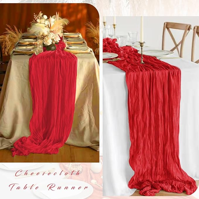 Red 6 Pieces 35 x 120 Inches Long Cheesecloth Table Runner Gauze Fabric 10Ft Boho Table Runner Rustic Sheer Runner for Wedding Baby Bridal Shower Birthday Holiday Party Table Arbor Decor (Red)