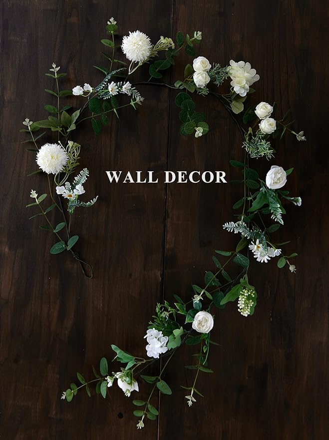MISSPIN 5.9Ft Eucalyptus Garland with Flowers, Artificial Fake Flower Greenery Spring Garland for Baby Shower Wedding Mantle Table Centerpiece Spring Decor