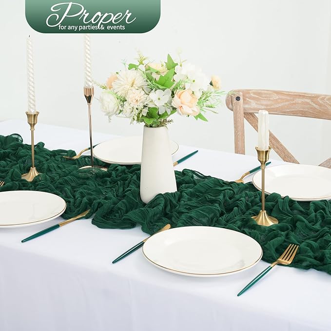 10 Pack Emerald Green Cheesecloth Table Runner 10FT Boho Romantic Gauze Table Runner 20 x 120 Inch Rustic Sheer Runner for Wedding Party Bridal Shower Thanksgiving Christmas Decoration