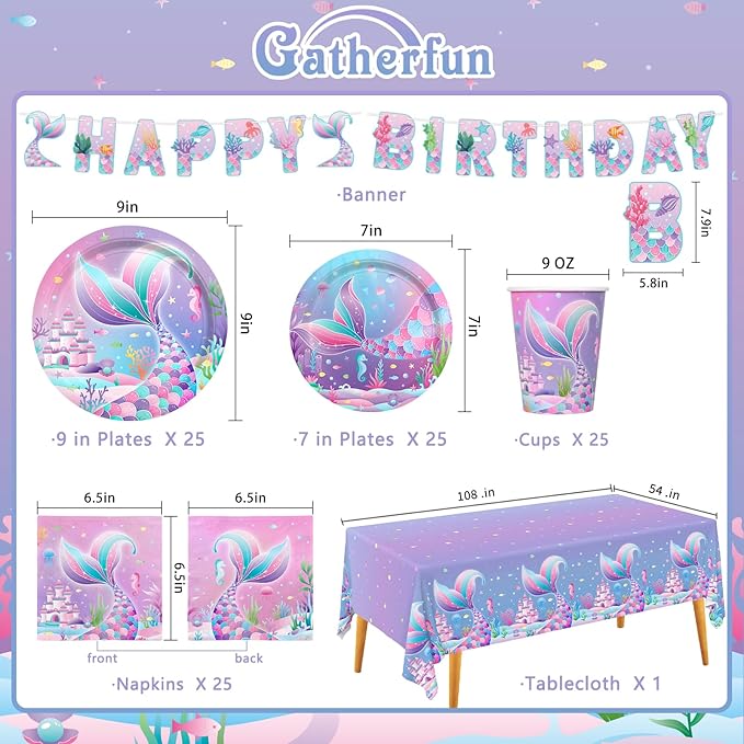 Mermaid Birthday Decorations for 25 Guests - Mermaid party supplies Kit Includes Dinner & Dessert Plates, Cups, Napkins, Banner & Tablecloth for 1st Birthday Party Decorations
