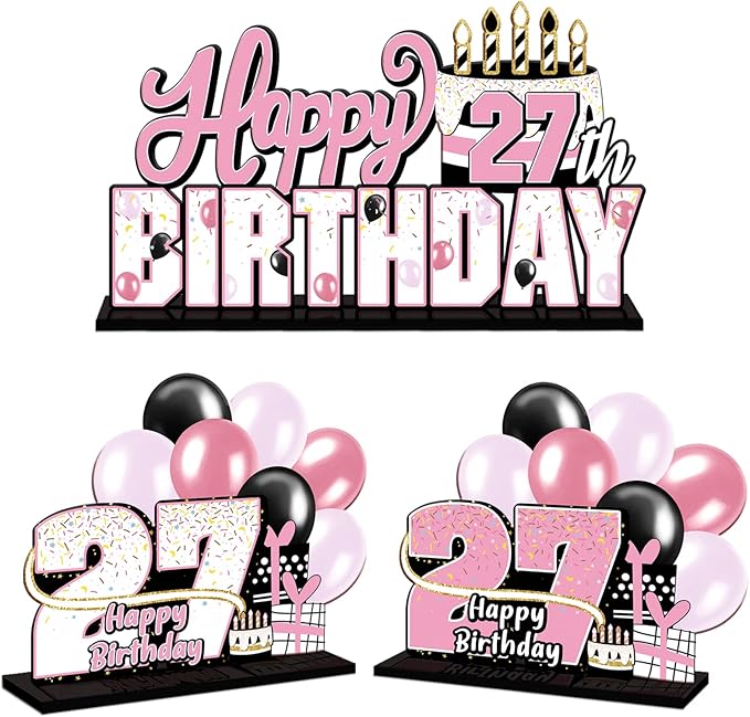LINGTEER Happy 27th Birthday Pink Acrylic Table Topper Centerpieces Set - Cheers to 27 Years Old Birthday 27th Bday Party Gift Decorations.
