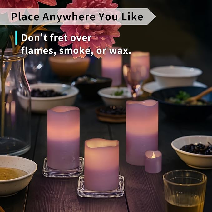 FURORA LIGHTING Purple Flameless Candles, 8-Pack Set with Remote & Timer | Includes 4 pillars and 4 votives. Creates a calming, rich purple mood glow perfect for meditation and bohemian home decor.