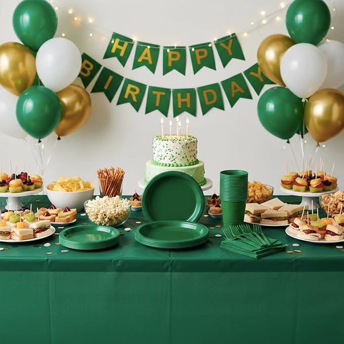 Green Plastic Plates for Party,30 Guest Disposable Plastic Plate Set 9" Plates,7" Dessert Plates,Napkins,12 oz Cups,Forks & Tablecloth for Birthday,Picnic,Christmas