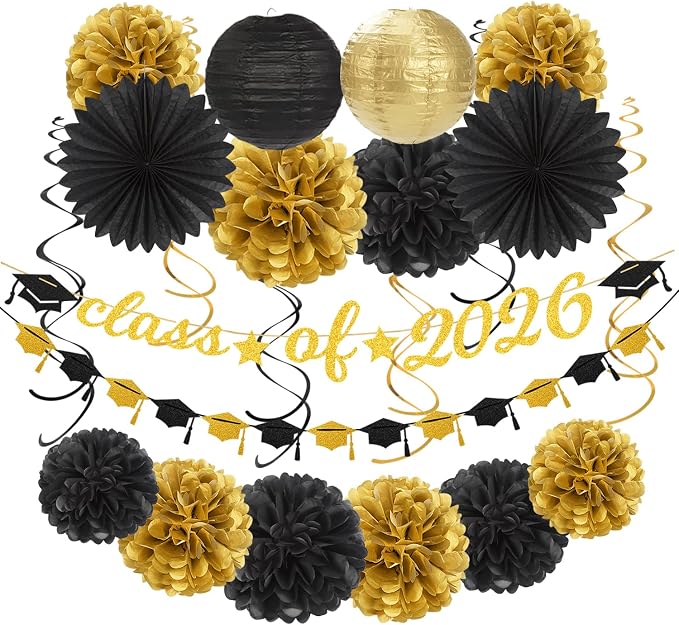 Black-Gold 2026 Class-Congratulations Graduation Party-Decorations - 22pcs High School College Grad Prom Supplies Decor, Tissue Pom Poms Streamers, Paper Flowers Lanterns Hugmoon