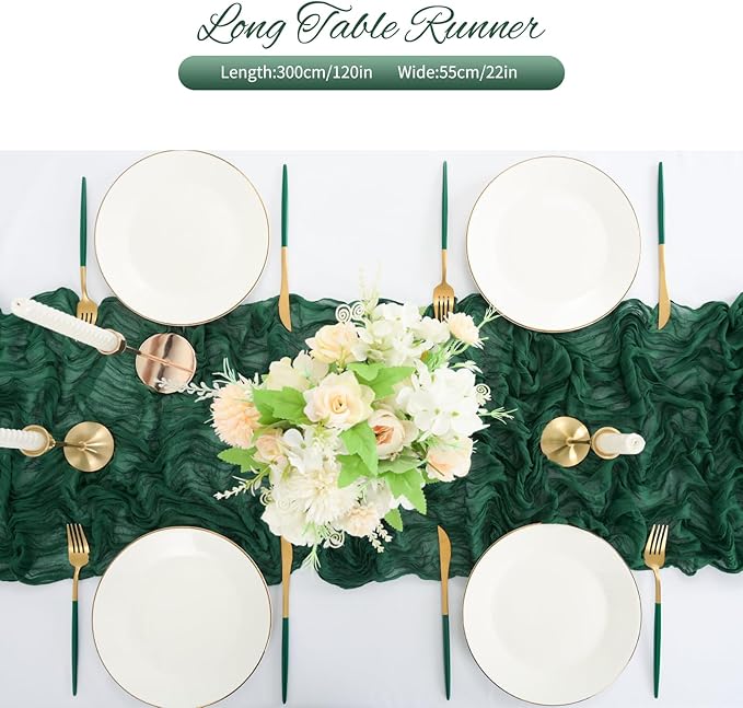 20 Pack Emerald Green Cheesecloth Table Runner 120 Inch 10FT Rustic Boho Gauze Cheese Cloth Table Runner for Wedding Party Baby Shower Thanksgiving Christmas Decoration