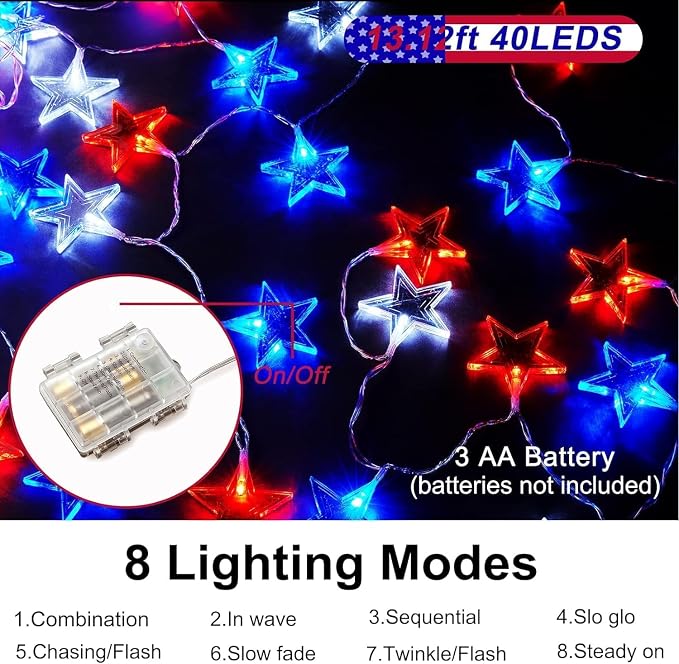 Dirnun 4th of July Decorations Red White and Blue Lights with 40 Led Big Stars, 4th of July Lights for Indoor Outdoor Home Garden Golf Cart Patriotic Theme Memorial Independence Day Decorations