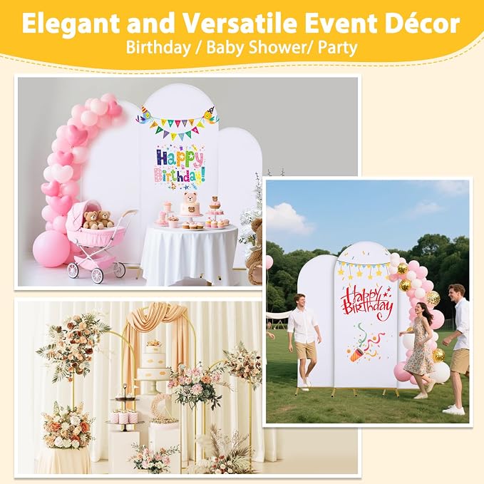 Arch Backdrop Stand and Cover Set of 3, 7.2ft 6.6ft 6ft Metal Arch Backdrop Stand with Spandex White Back Drop Covers Balloon Arch Kits, Gold Arch Stand Frame for Wedding Birthday Party Baby Shower