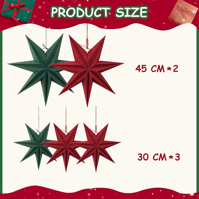 SUNBEAUTY Christmas 5Pcs Flocking Stars 7 Pointed 18 Inch 12 Inch Green Red Hanging Stars Lanterns Christma Hanging Lamp Decorations Wedding Birthday Christmas Home Party