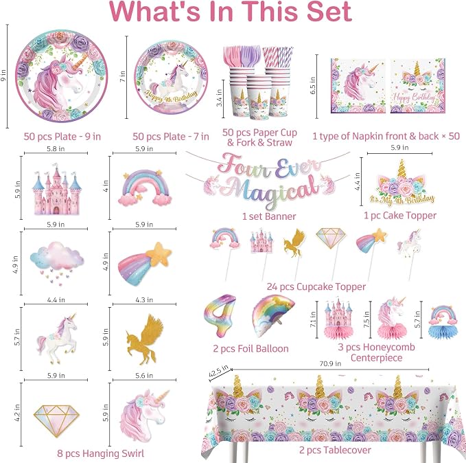 Xynic 332PCS Four Ever Magical Birthday Party Supplies, Unicorn 4th Birthday Decorations Set for 50 Guests with Plates, Napkins, Cups, Tablecloths & Balloons, Unicorn Party Supplies