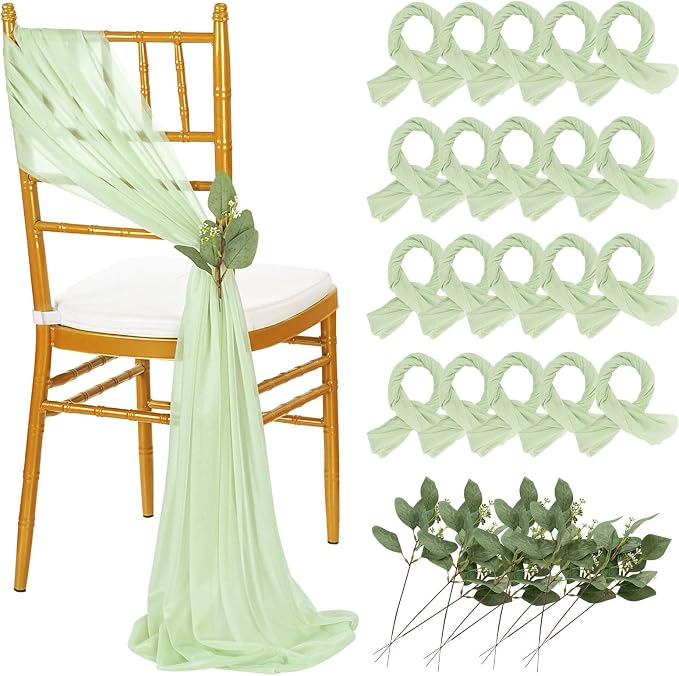 QueenDream Sage Green Chair Sashes: 16 Packs Wedding Aisle Decorations 8ft Long Draping Fabric Sheer Church Chair Cover Bulk for Party Banquet