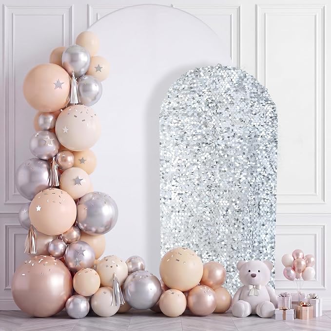 White and Silver Arch Covers 7.2 and 6FT Sequin Arch Backdrop Cover Set of 2, Spandex Fitted Bling Sequin Arch Stand Covers for Birthday Party Ceremony Baby Shower Banquet Decoration