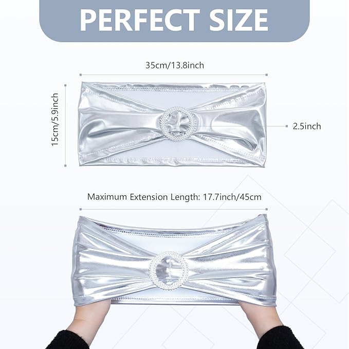SquarePie 100 PCS Metallic Silver Spandex Chair Sashes - Shiny Stretch Bows with Buckle Slider - No-Tie Universal Elastic Chair Bands for Wedding Reception Party Banquet Event