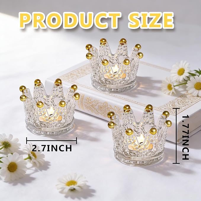 Rubtlamp 12 Pack Clear Gold Crown Candle Holder, Glass Tealight Candle Holder, Crystal Votive Candle Stand with Gold Tips for Dining Table Centerpiece, Wedding,Party,Dinner, Home Table Decor