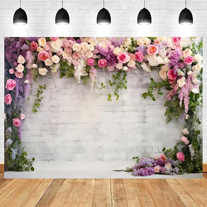 12x6ft Retro White Brick Wall Floral Backdrop Vine Leaves Rose Flowers Photography Background Bridal Shower Wedding Party Birthday Banner Decorations Adults Portrait Photo Booth Prop