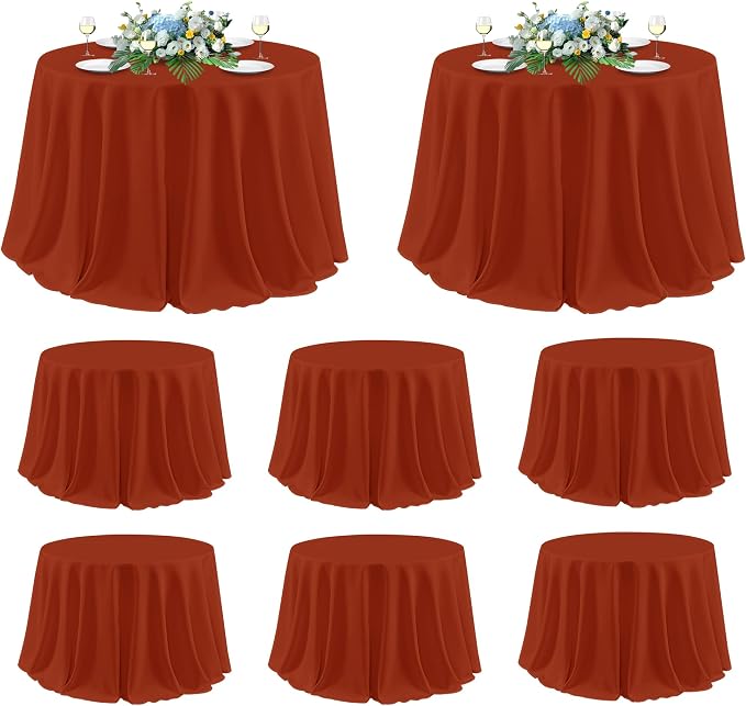 sancua Thanksgiving Round Tablecloth 120 Inch Diameter, 8 Pack Rust Circle Polyester Fabric Fall Table Cloth for Holiday Party Reception Washable Burnt Orange Table Cover (Fit 48-96 Inch Tables)