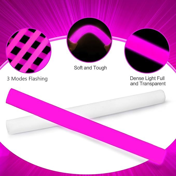 Glow Foam Wand, 36 Pcs Pink Giant LED Light Up Sticks 3 Modes Flashing Glowing Baton Wands Party Supplies for Valentine's Day,Wedding, Raves,Concert,Birthday, Sporting Events