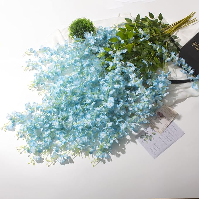 AITISOR 12 Pack Artificial Flowers Silk Wisteria Vine Ratta Hanging Flower (Sky Blue)