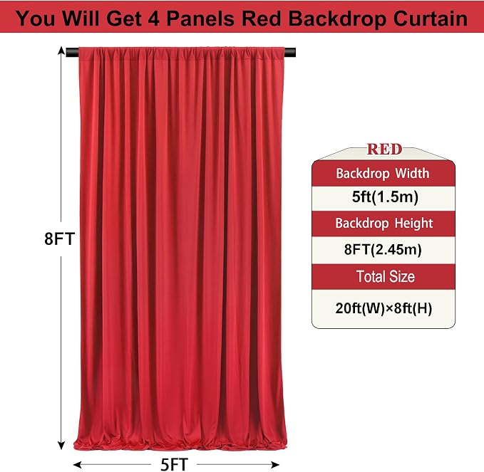 30ft×8ft Wrinkle Free Red Backdrop Curtain for Party, 6 Panels 5×8ft Thick Silky Polyester Red Photo Backdrops Drapes Curtains for Birthday Baby Shower Themed Parties Wedding Photography
