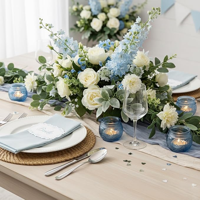 12 Pcs Blue Votive Candle Holders for Bridal Shower Decorations- Floral Style Dusty Blue Candle Holder for Wedding Table Centerpieces, Baby Shower Decor