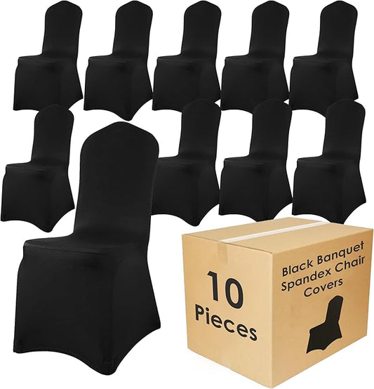 Craft And Party 10 Pack Black Spandex Chair Covers – Stretch Polyester Slipcovers for Wedding, Banquet, Party & Dining Chairs – Flat Front Design, Universal Fit
