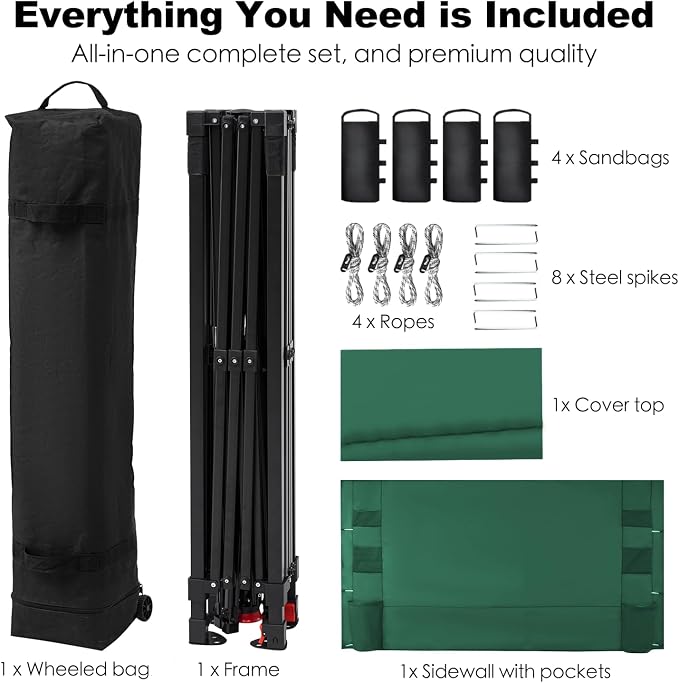 GAFETE 10×10 Pop Up Canopy Tent with 1 Pockets Sidewall, Easy up Sun Shade with One Push Setup, Portable Instant Outdoor Canopy Tent for Events Parties Camping with Carrying Bag (Green, 10x10 FT)