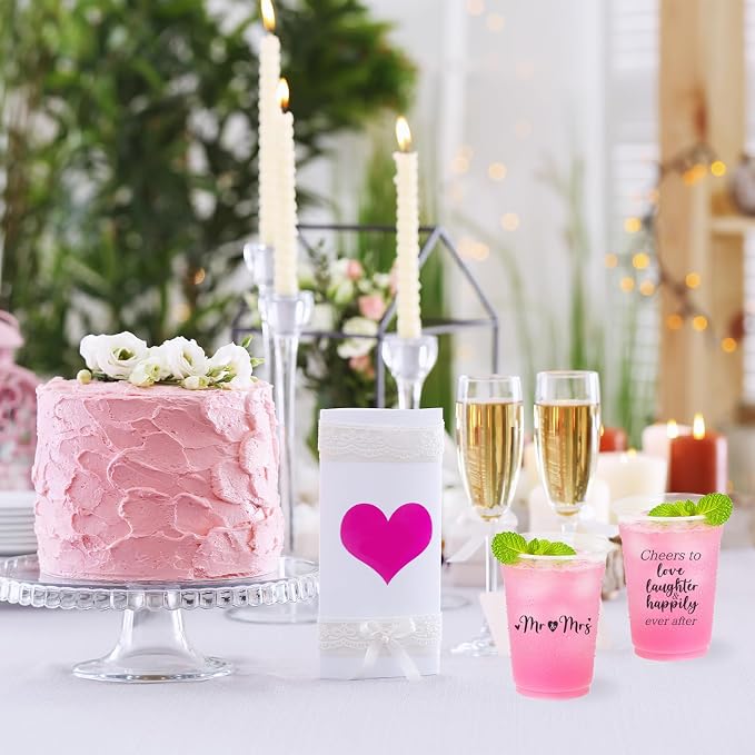 100 Pack Disposable Wedding Plastic Cups 12 oz Mr and Mrs Cheers to Love Cups Drinking Cups for Engagement Bridal Shower Wedding Anniversary Decorations