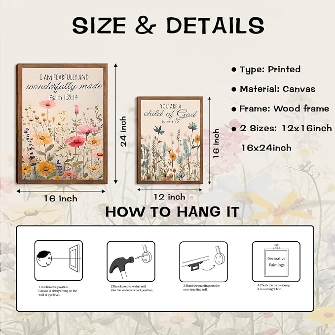 Christian Floral Bible Verse Wall Art Set of 3, Flower Canvas Wall Decor, Steadfast Love Of Lord Religious Faith Posters Prints for Prayer Room Living Room Bedroom Home Decoration 12x16in Wood Framed