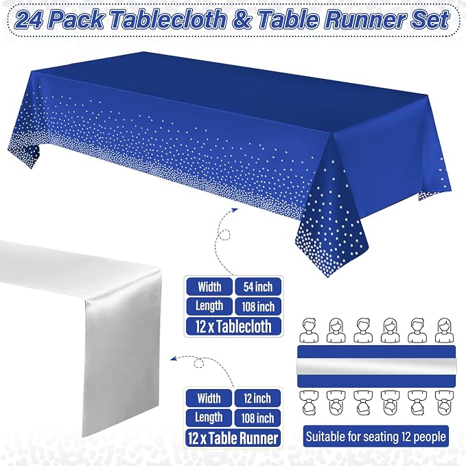 24 Pack Blue and Silver Tablecloth and Table Runner Party Decorations, Blue and Silver Plastic Disposable Tablecloth and Satin Table Runner for Wedding Birthday Bridal Graduation Anniversary Party