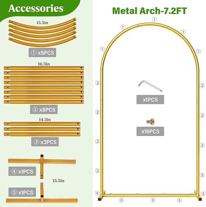 Metal Arch Backdrop Stand Wedding Arch frame Set of 2 (7.2FT,6FT) Gold Balloon Backdrop Arch Stand for Wedding Ceremony Birthday Party Baby Shower Graduation Ceremony Decoration
