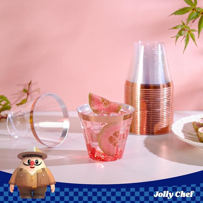 JOLLY CHEF 100 Pack Rose Gold Plastic Cups, 9 oz Clear Plastic Tumblers, Elegant Rose Gold Rimmed Cups, Disposable Glasses for Wedding, Thanksgiving Day, Christmas Party