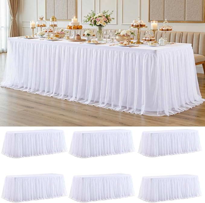 6 Pack White Tablecloth with Tulle Table Skirt for 8 Foot Rectangle Tables Wedding Ruffle Tutu Table Skirt Stretch Fitted TableCover for Parties Birthdays Baby Shower Celebration Banquet