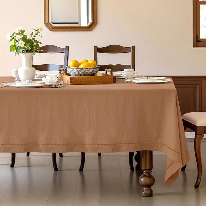 Linen World Fall Linen Tablecloth 108" x 60" Inch,French Linen Washable Rectangular Table Cloth for Dining,Outdoor, Weddings and Restaurants,Decorative Thanksgiving Christmas,Beige Hemstitch