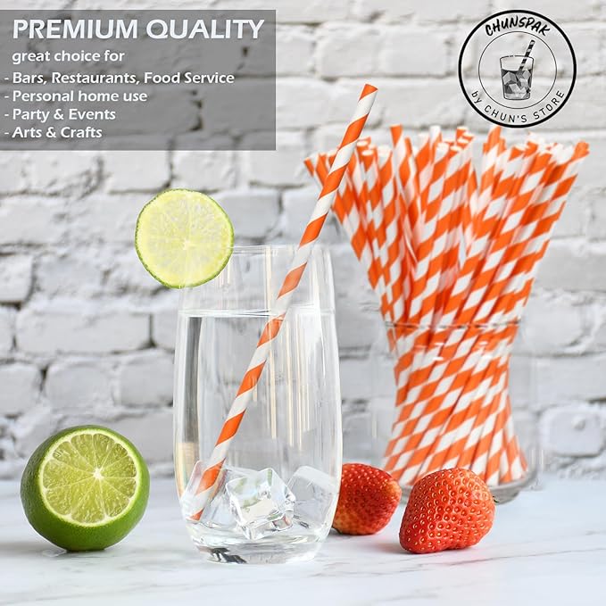 [1000 Count] Chunspak Orange/White Striped Paper Drinking Straws Bulk - 7.75"x0.24", Unwrapped - Biodegradable and Compostable