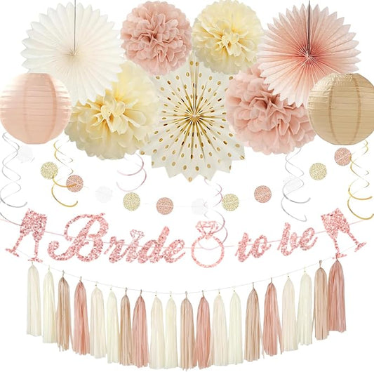 Champagne Gold Beige Bridal Shower Party Decorations, Bride to be Banner, Paper Pompoms, Lanterns, Fans, Hanging Swirls, Tassel Garland for Engagement Parties, Wedding Celebrations 37pcs