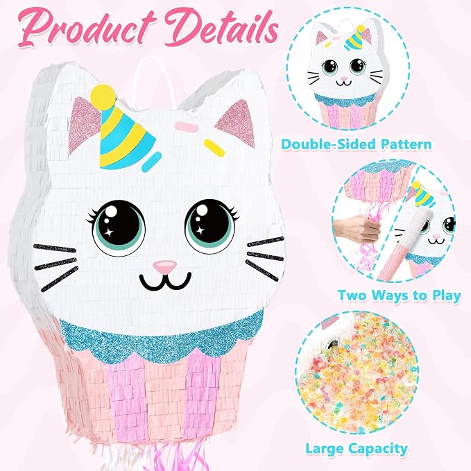 WERNNSAI Cupcake Piñata - Cat Party Decorations Cupcake Cat piñata with Blindfold and Stick for Kids Sweet Birthday Decorations Candy Land Party Baby Shower Celebration Carnival Supplies