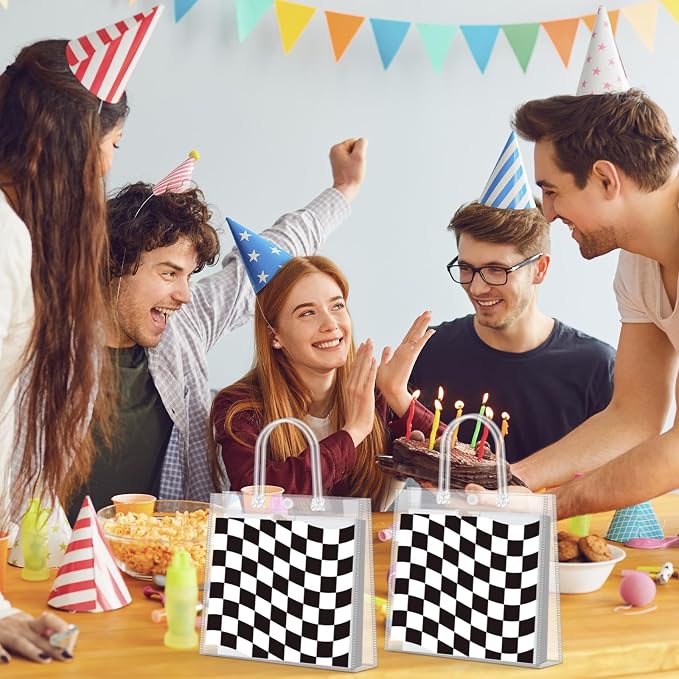 Supervitae 36 Pcs Checkered Racing Clear Favor Bags with Handle Reusable Plastic PVC Gift Bag Race Car Goodies Treats Wrap Totes for Birthday Wedding Graduation Party Supplies, 8 x 8 x 3.15 Inch