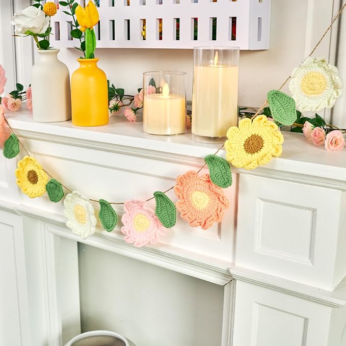 Handmade Crochet Flower Garland, Felt Flower Garland for Girl Nursery Decor, Daisy Garland for Birthday Party, Boho Room Wall Hanging Decoration, Girl 1st Birthday Decor