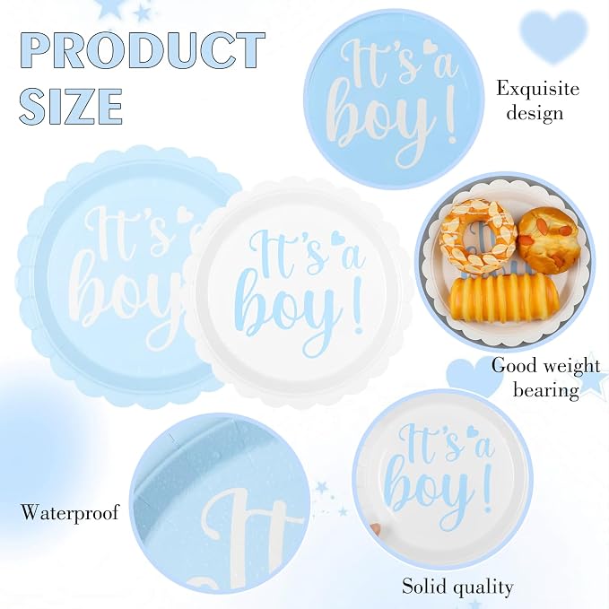 Qinyoung 218 Pcs Baby Shower Plates and Napkin Set Serve 24 Baby Boy Shower Decorations Set Includes Blue Boy Paper Plates Napkins Cups Cutlery for Gender Reveal Birthday Party