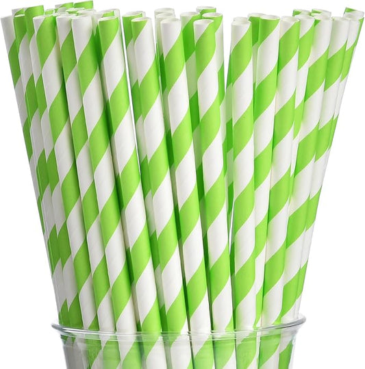 ALINK 100 Light Green and White Striped Paper Straws, Biodegradable Disposable Drinking Straws for Smoothie, Brithday, New Year, Party Decoration Supplies