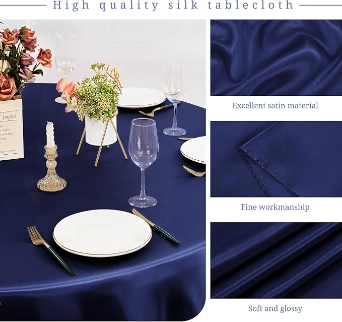 12 Pack 108 Inch Round Tablecloth, Navy Blue Satin Fabric Tablecloth for Round Tables, Wrinkle Resistant Washable Table Cover Bright Silk Table Clothes for Wedding Party Dining Tables Banquet