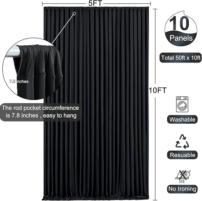 10 Panels Black Backdrop Curtain for Parties Black Wrinkle Free 50ft x 10ft Backdrop Drapes for Birthday Party Wedding Photo Photography Polyester Fabric Background Decoration